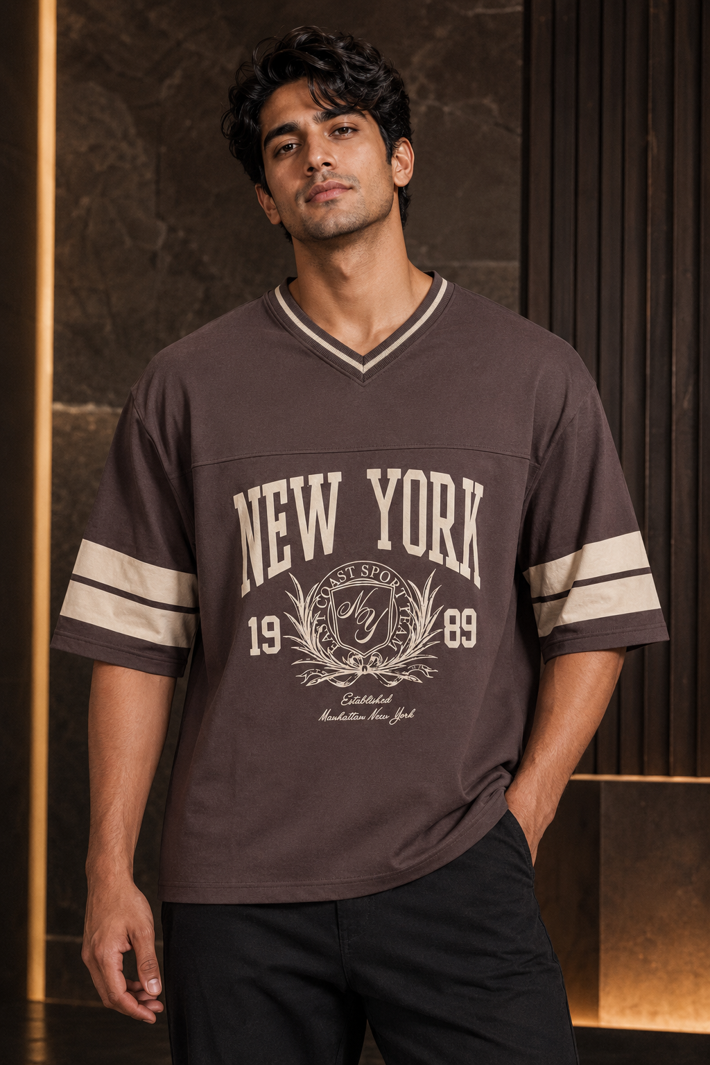 New York Varsity Brown – Sports Print Oversized T-Shirt