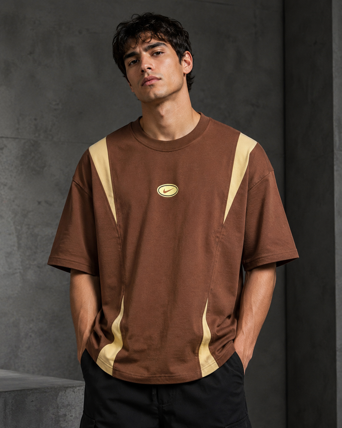 Retro Track Brown – Color-Block Oversized T-Shirt
