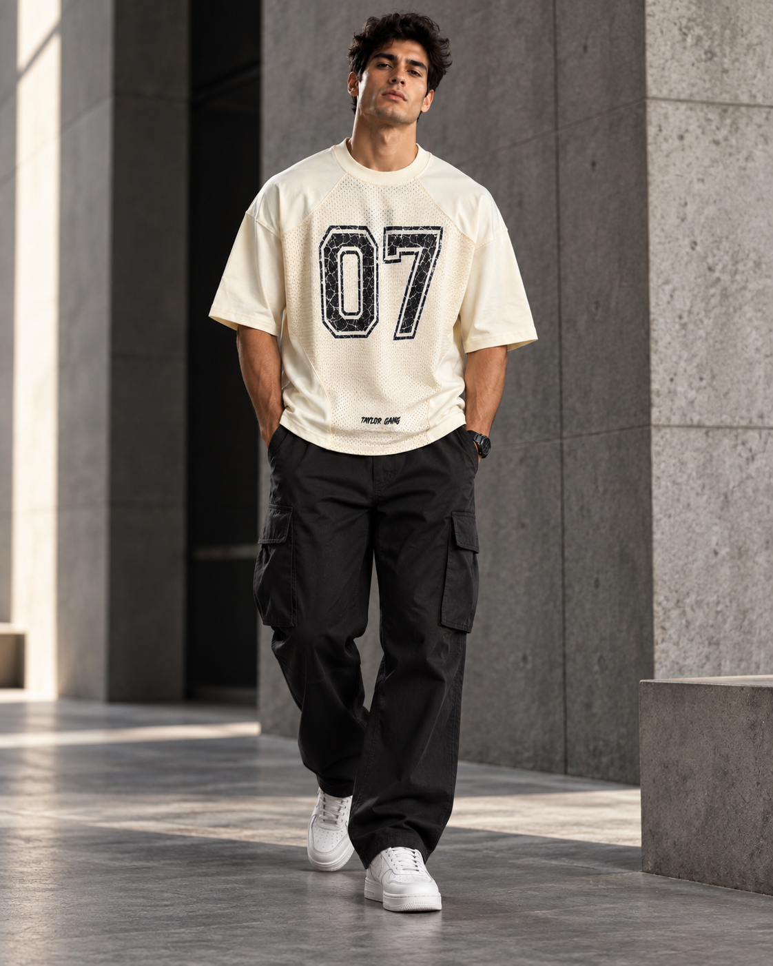 Varsity 07 Ivory – Mesh Detail Oversized T-Shirt