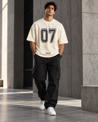 Varsity 07 Ivory – Mesh Detail Oversized T-Shirt