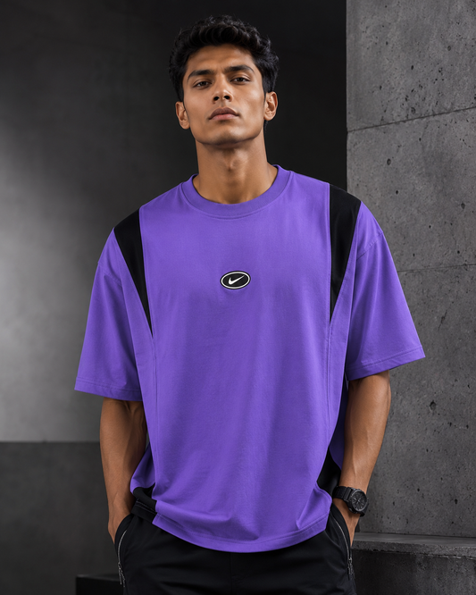 Retro Track Purple – Color-Block Oversized T-Shirt