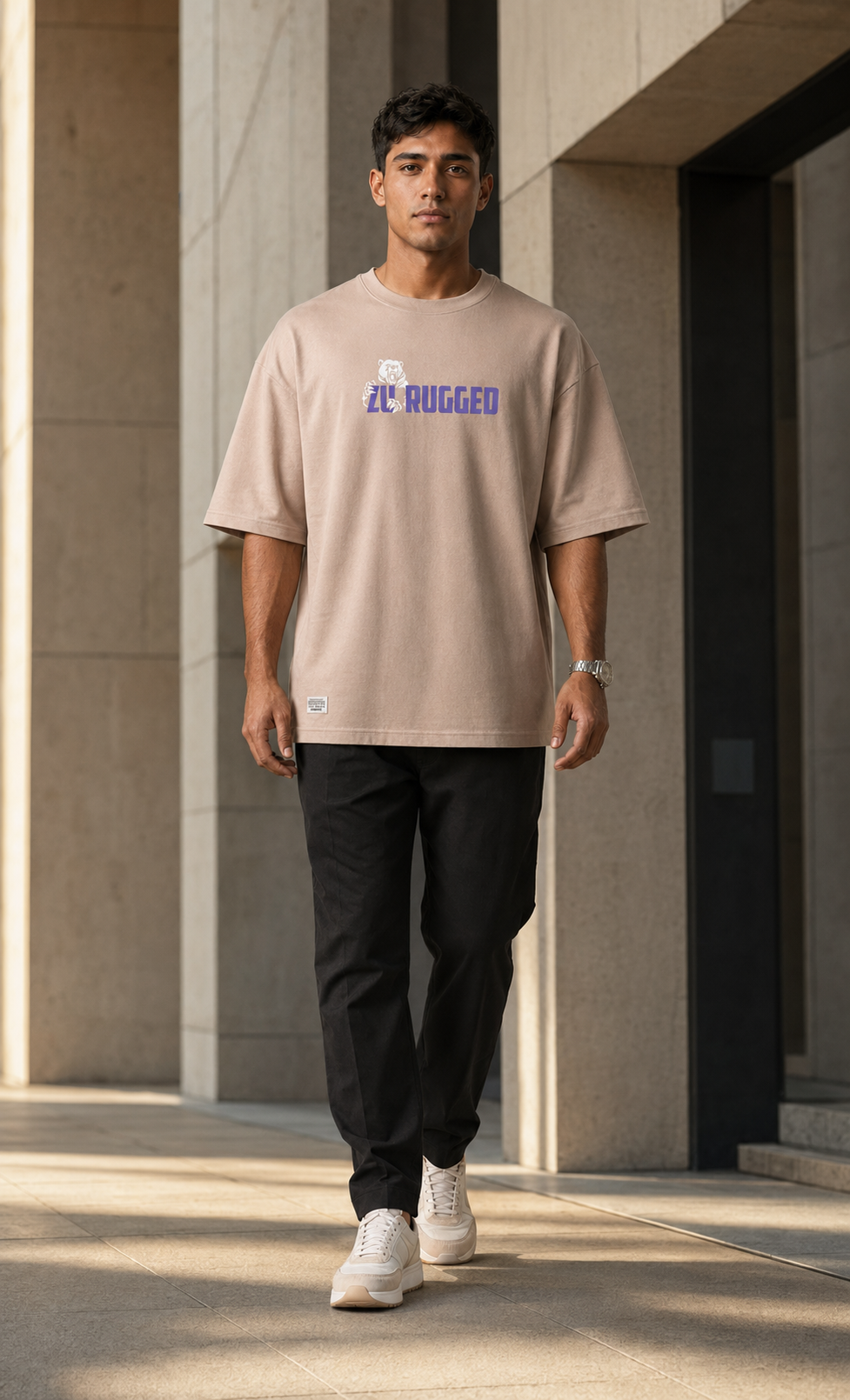Rugged Spirit – Back Graphic Beige Oversized T-Shirt