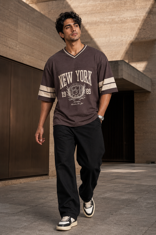 New York Varsity Brown – Sports Print Oversized T-Shirt