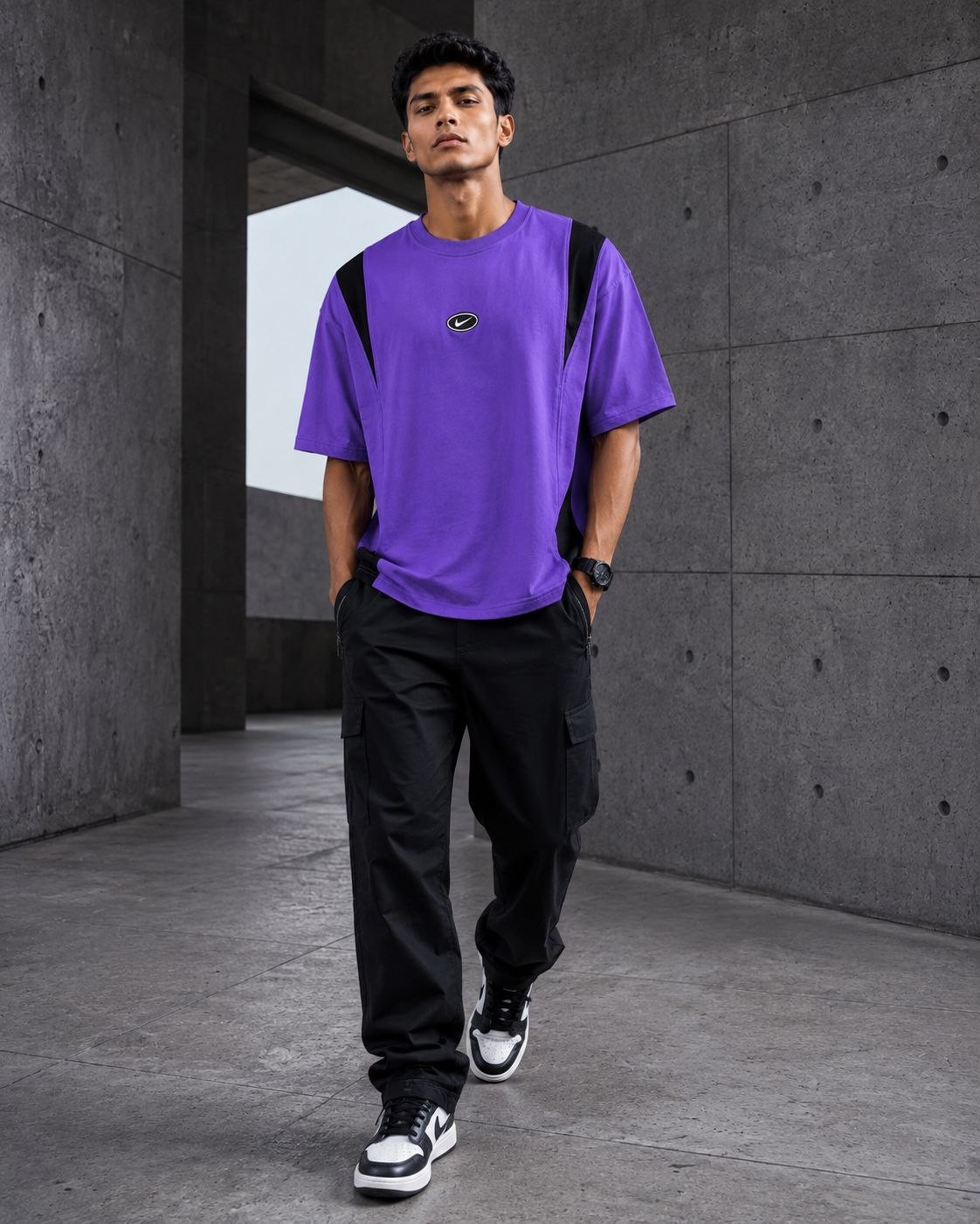 Retro Track Purple – Color-Block Oversized T-Shirt