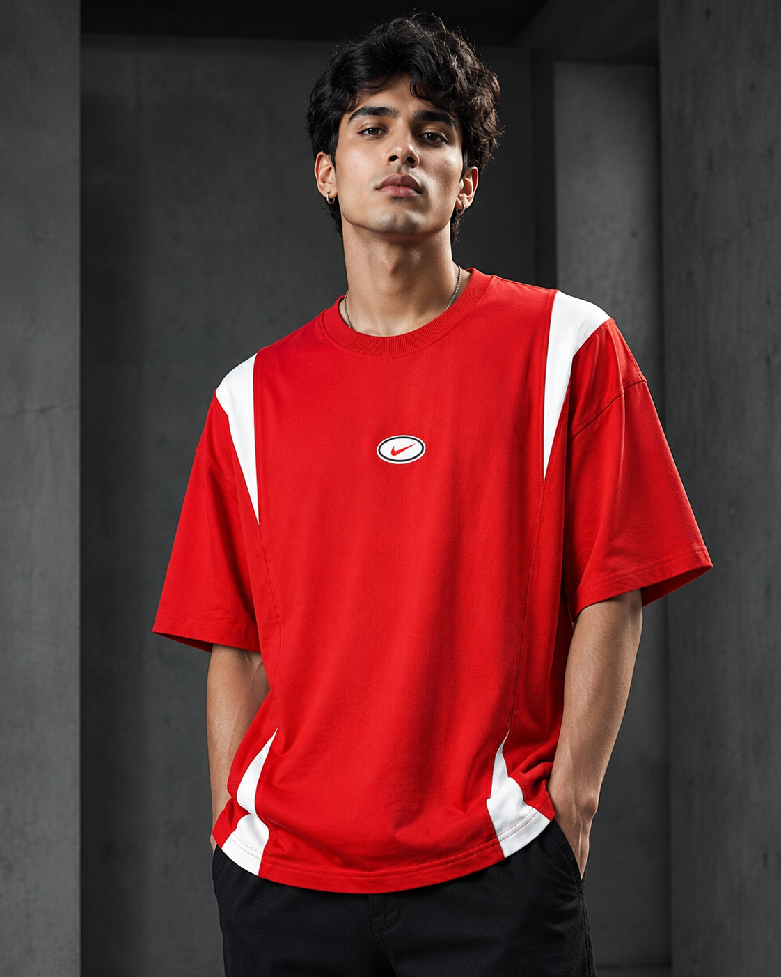 Retro Track Red – Color-Block Oversized T-Shirt