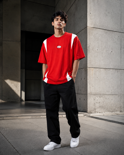 Retro Track Red – Color-Block Oversized T-Shirt
