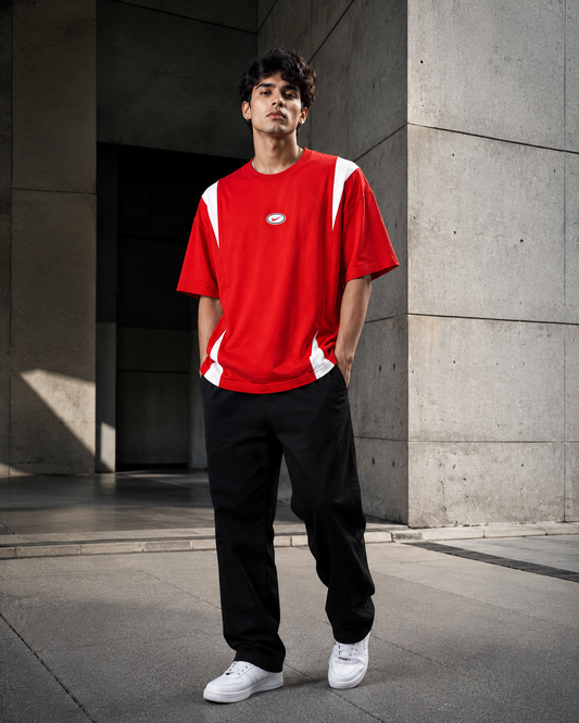 Retro Track Red – Color-Block Oversized T-Shirt