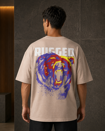 Rugged Spirit – Back Graphic Beige Oversized T-Shirt
