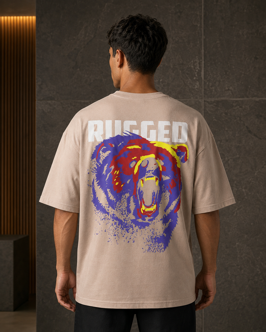 Rugged Spirit – Back Graphic Beige Oversized T-Shirt