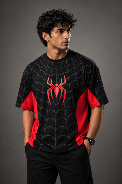 Spider Suit Protocol Black – All-Over Graphic Oversized T-Shirt