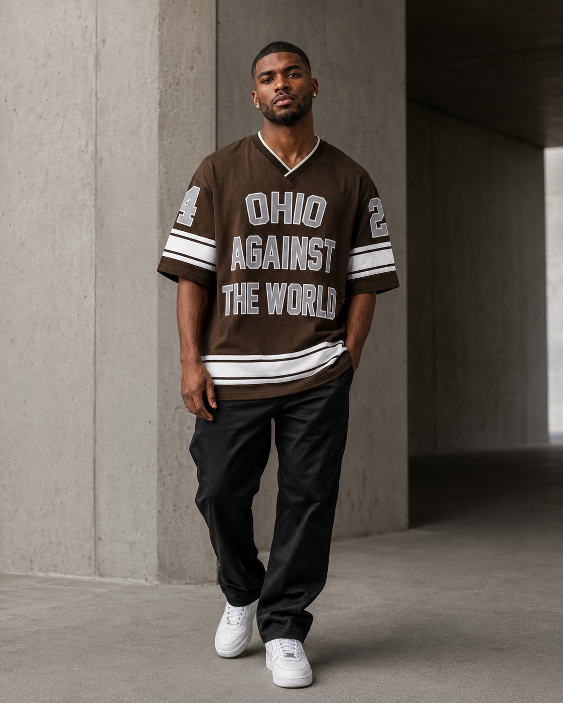 Ohio Varsity Brown – Printed V-Neck Oversized T-Shirt