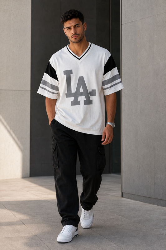 LA Varsity White – Sports Print Oversized T-Shirt
