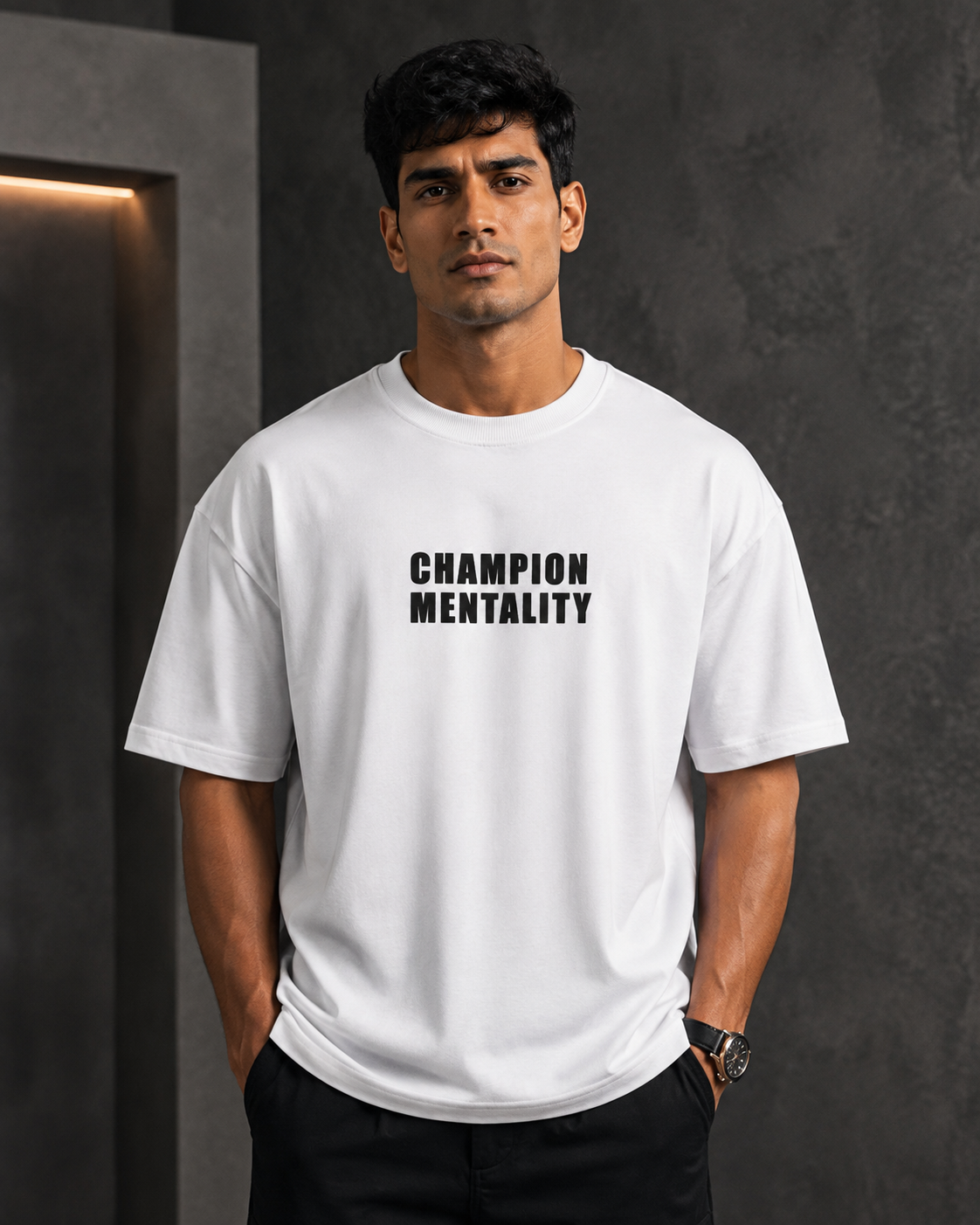 Champion Mentality White – Back Typography Print Oversized T-Shirt