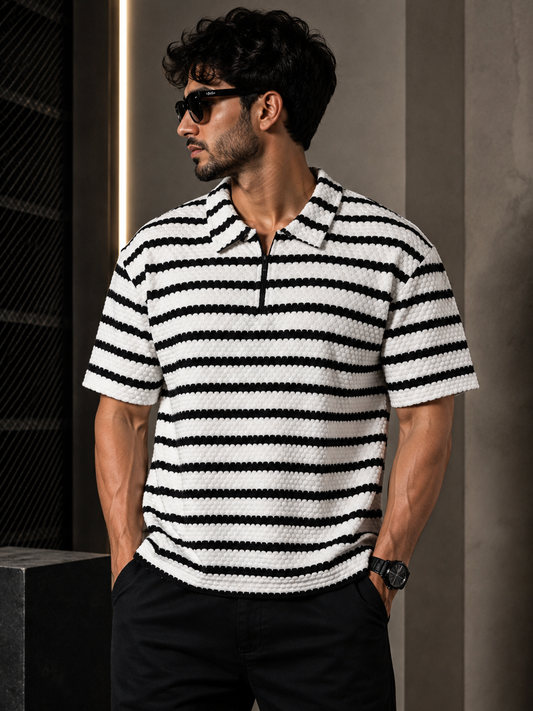 Premium honeycomb stripes black white polo