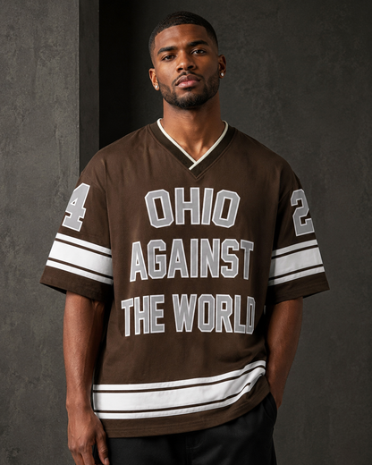 Ohio Varsity Brown – Printed V-Neck Oversized T-Shirt