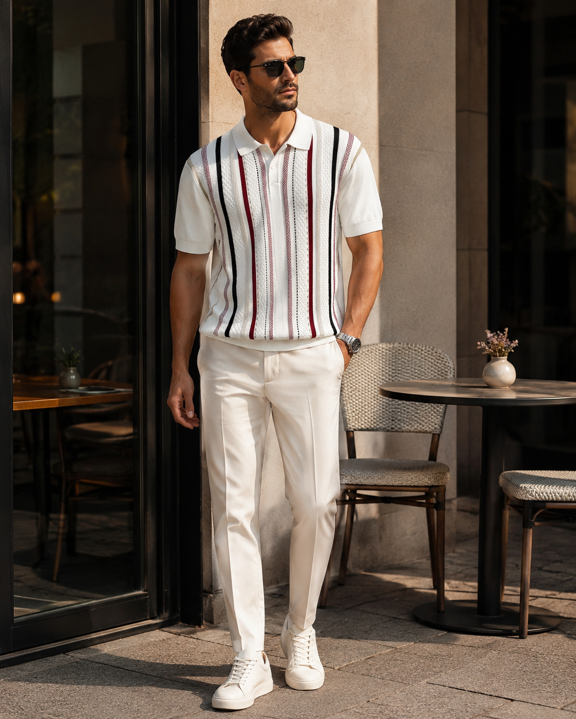 Premium stripe checked white polo