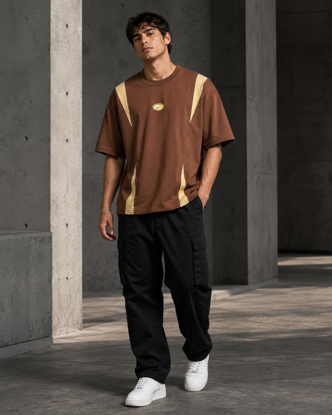 Retro Track Brown – Color-Block Oversized T-Shirt