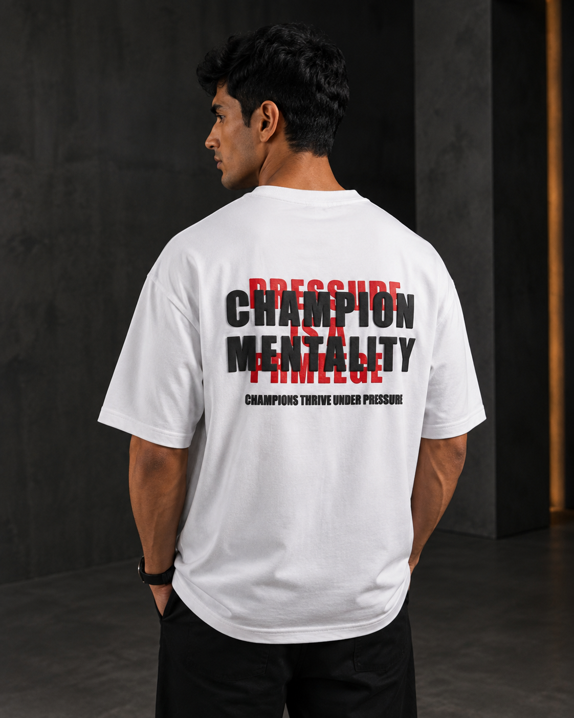 Champion Mentality White – Back Typography Print Oversized T-Shirt