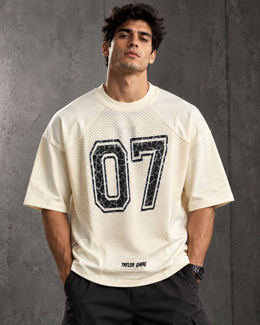 Varsity 07 Ivory – Mesh Detail Oversized T-Shirt