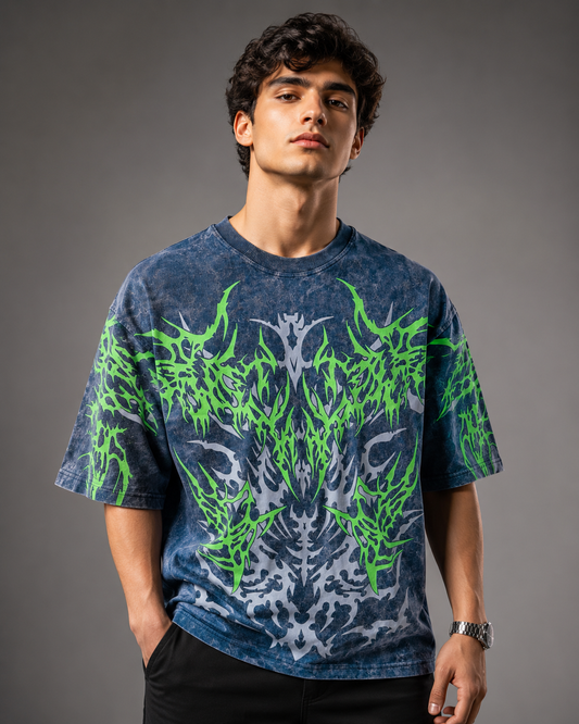 Venom Tribe – Acid-Wash All-Over Graphic Oversized T-Shirt