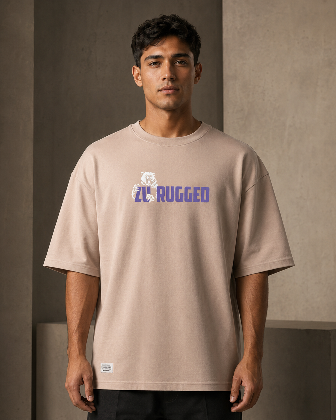 Rugged Spirit – Back Graphic Beige Oversized T-Shirt