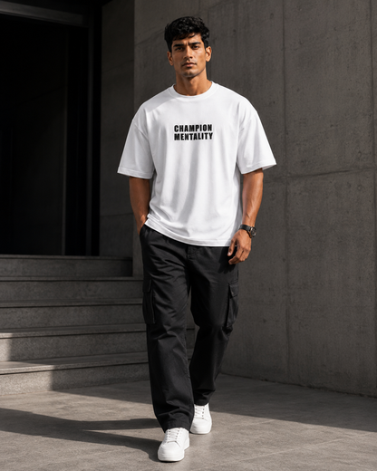 Champion Mentality White – Back Typography Print Oversized T-Shirt