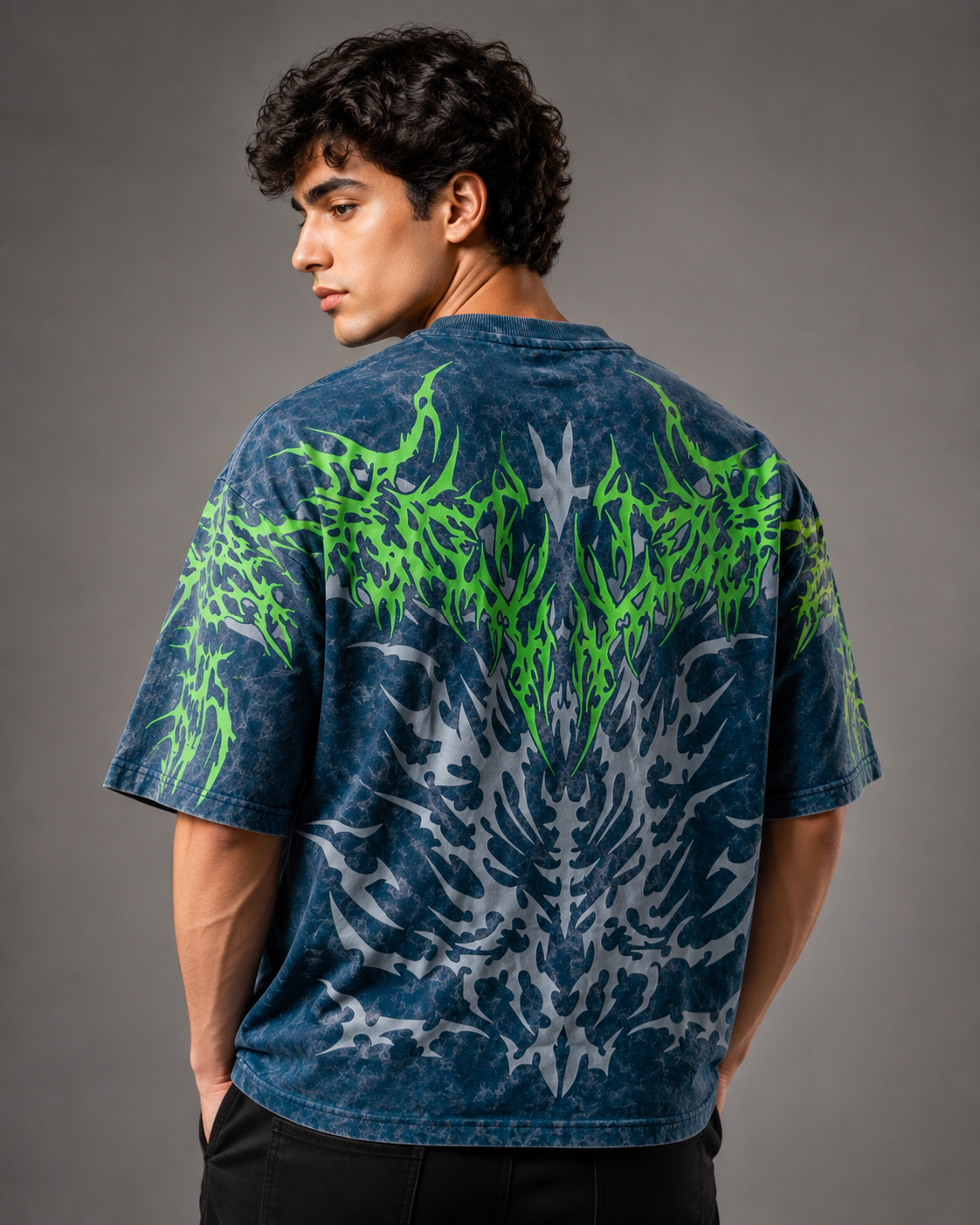 Venom Tribe – Acid-Wash All-Over Graphic Oversized T-Shirt