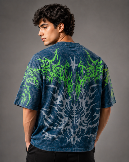 Venom Tribe – Acid-Wash All-Over Graphic Oversized T-Shirt