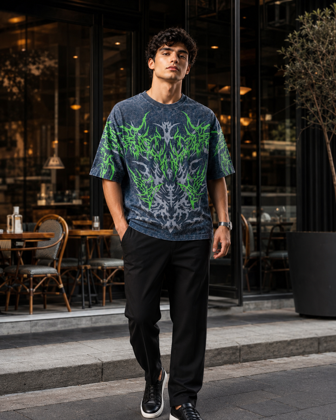 Venom Tribe – Acid-Wash All-Over Graphic Oversized T-Shirt