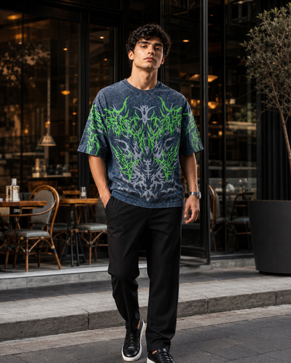 Venom Tribe – Acid-Wash All-Over Graphic Oversized T-Shirt