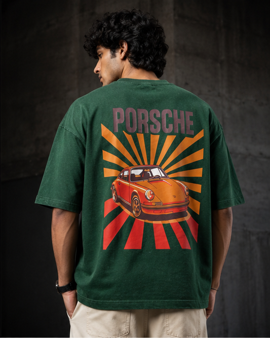 Porsche Retro Drive – Acid-Wash Graphic Oversized T-Shirt