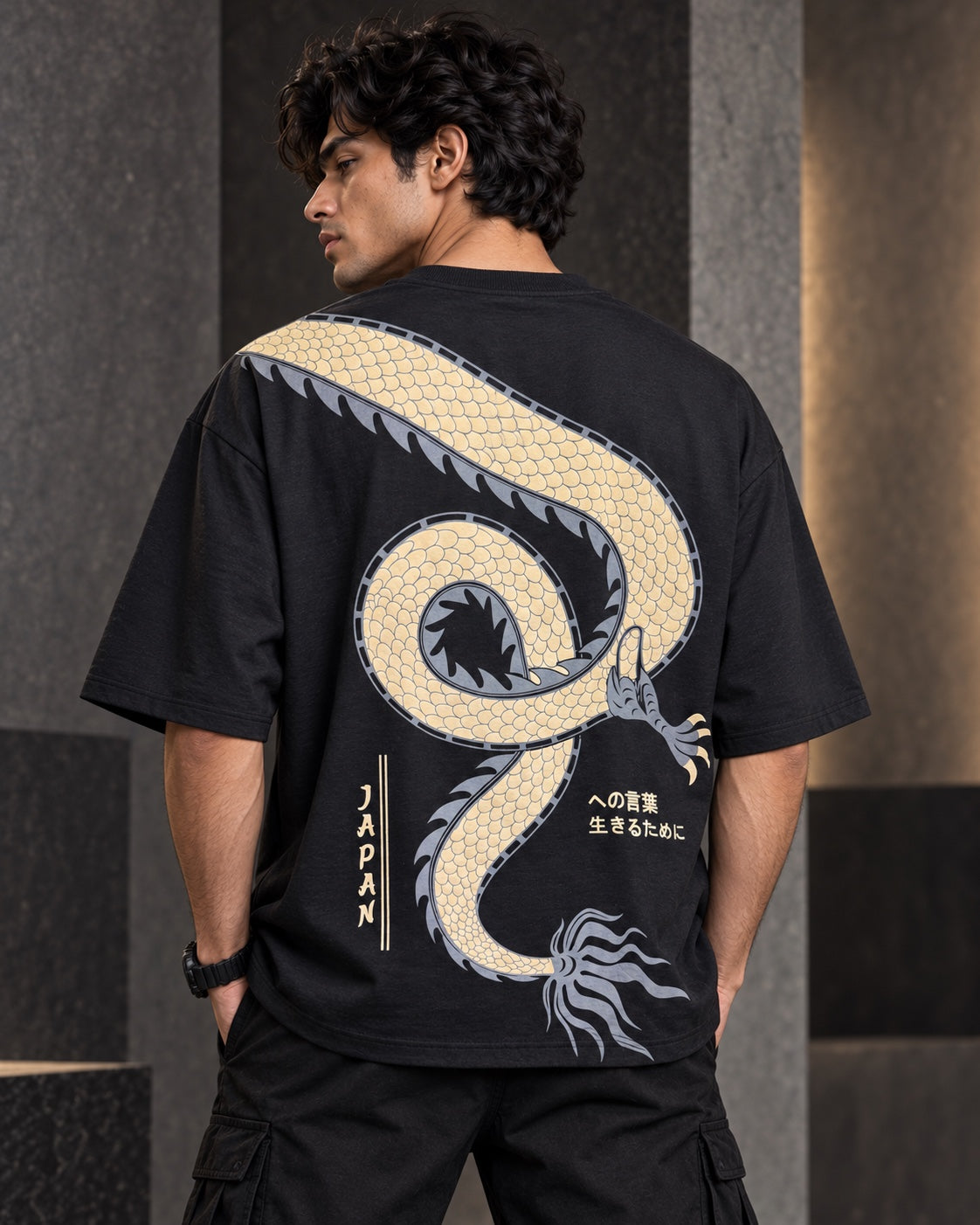Japanese Dragon black oversized T-shirt – back view