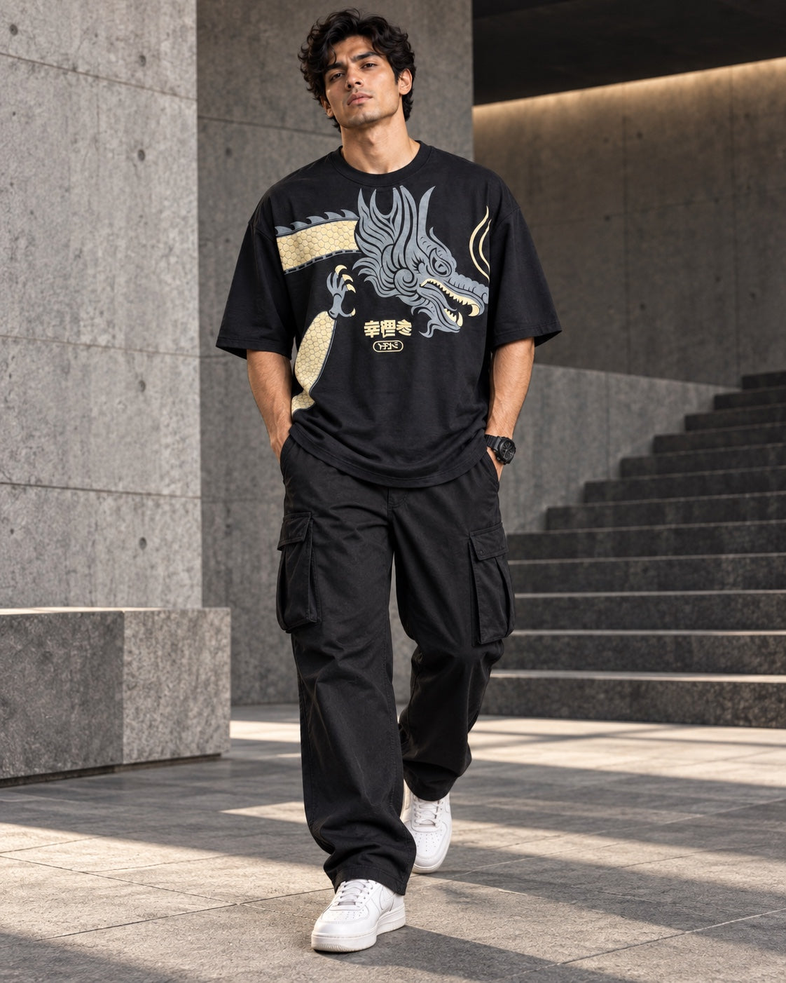 Japanese Dragon black oversized T-shirt – full-body front view
