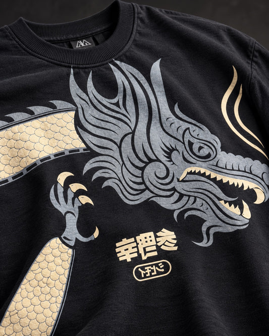 Japanese Dragon black oversized T-shirt – front graphic detail