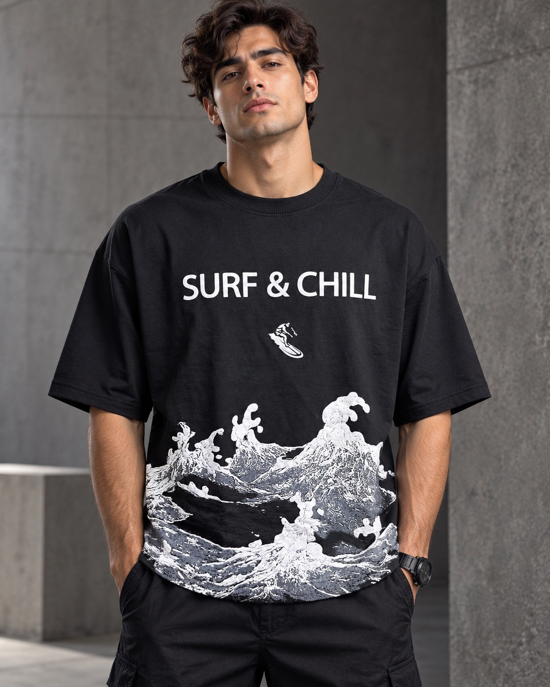 Surf & Chill black T-shirt – front portrait view