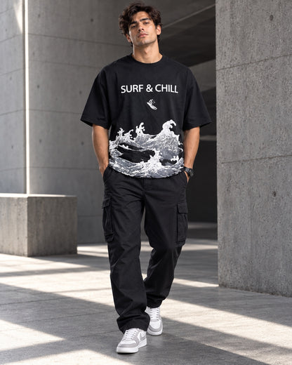 Surf & Chill black T-shirt – full-body front view